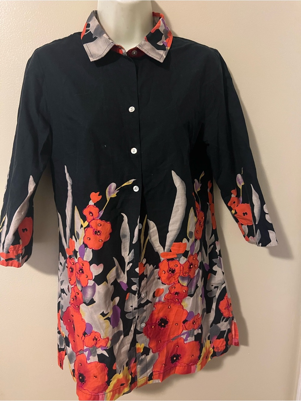 Soft Surroundings Black Floral Button-Front Shirt size XS/S